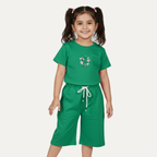 Green Butterfly Print Cotton Jersy Fabric Suit For Girls