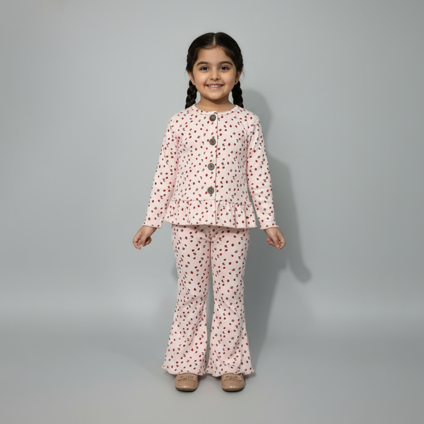 Pink Strawberry Print Frock With Trouser Suit For Girls Main image
