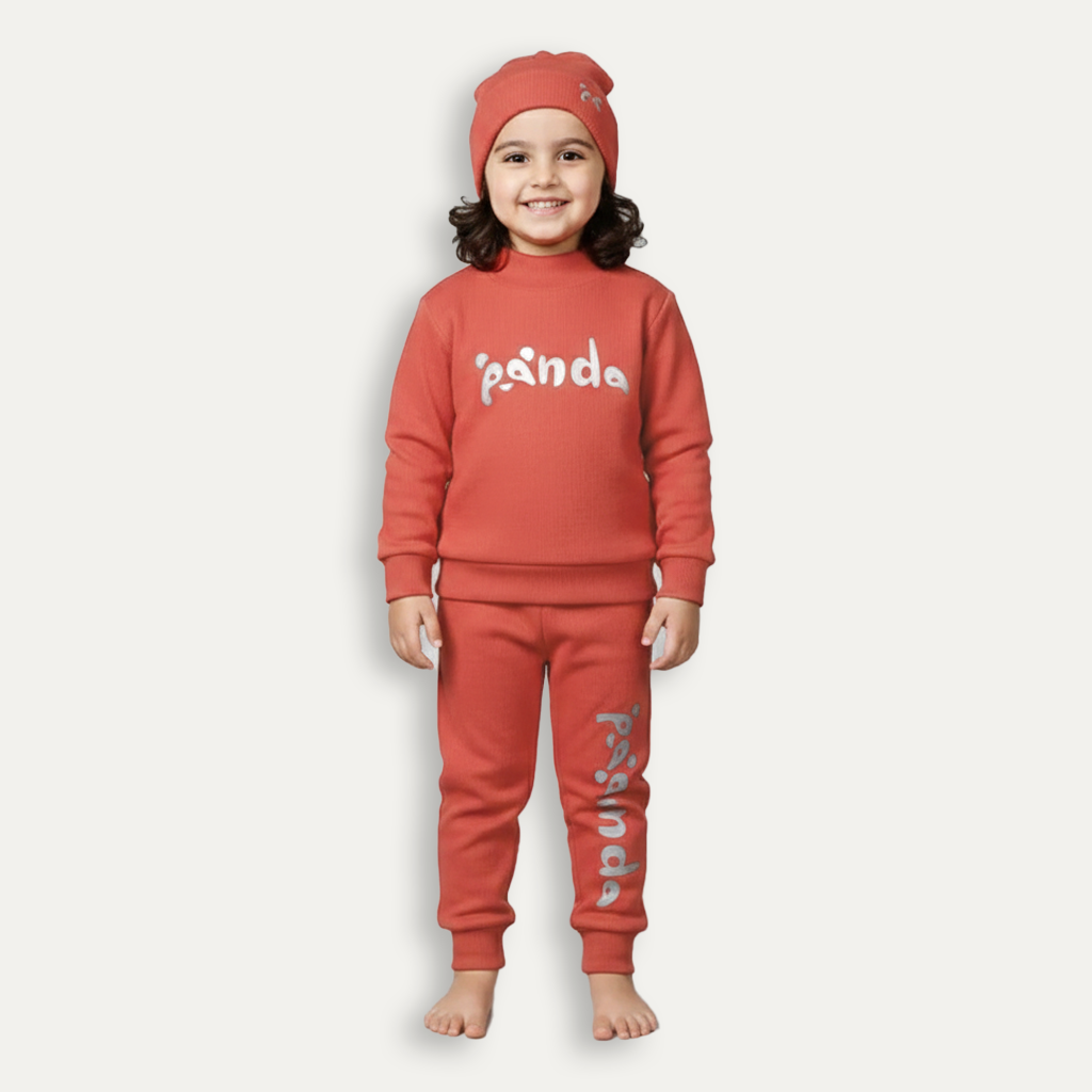 Dark Peach Panda Print Ribbed Fabric Suit For Winters Main image