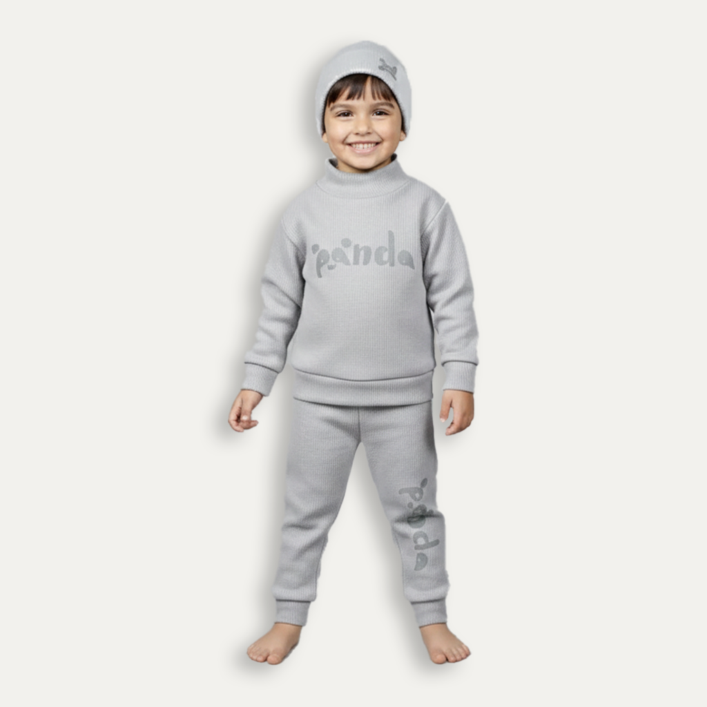 Grey Panda Print Ribbed Fabric Suit For Winters Main image