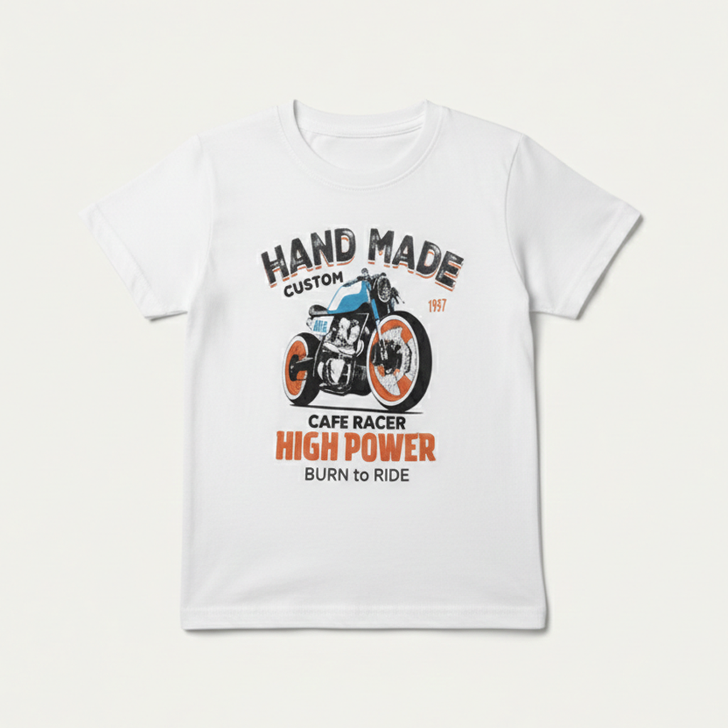 White Hand Made Bike Print Half Sleeves T-shirt For Boys Secondary image