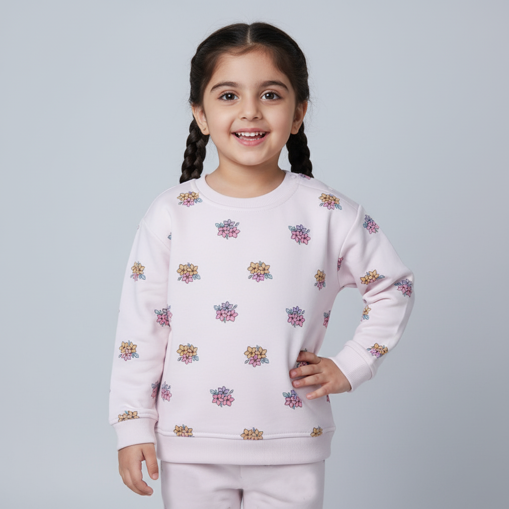 LIGHT PINK "FLOWERS" PRINTED TERRY FABRIC SWEATSHIRT