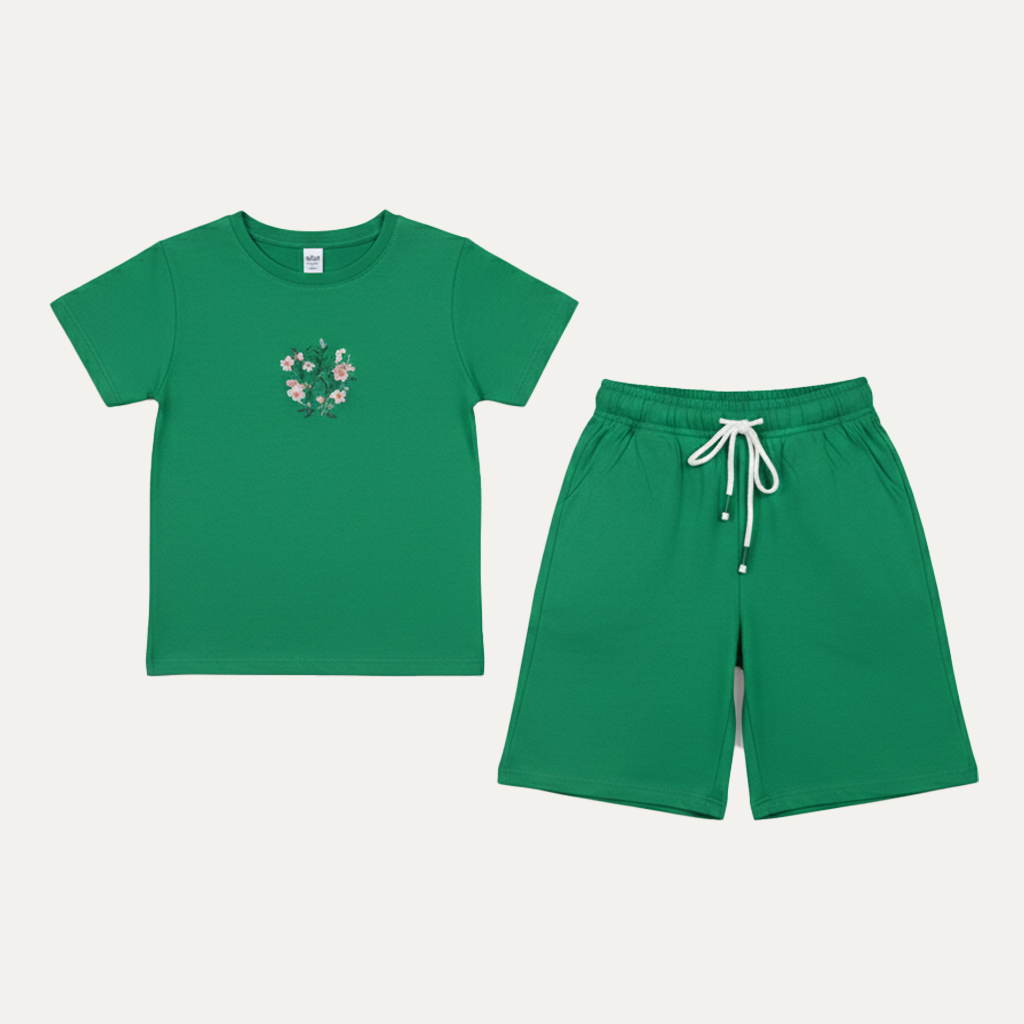 Green Butterfly Print Cotton Jersy Fabric Suit For Girls Secondary image