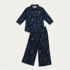 Navy Blue Flowers Print Co-ord Ribbed Fabric Suit For Girls