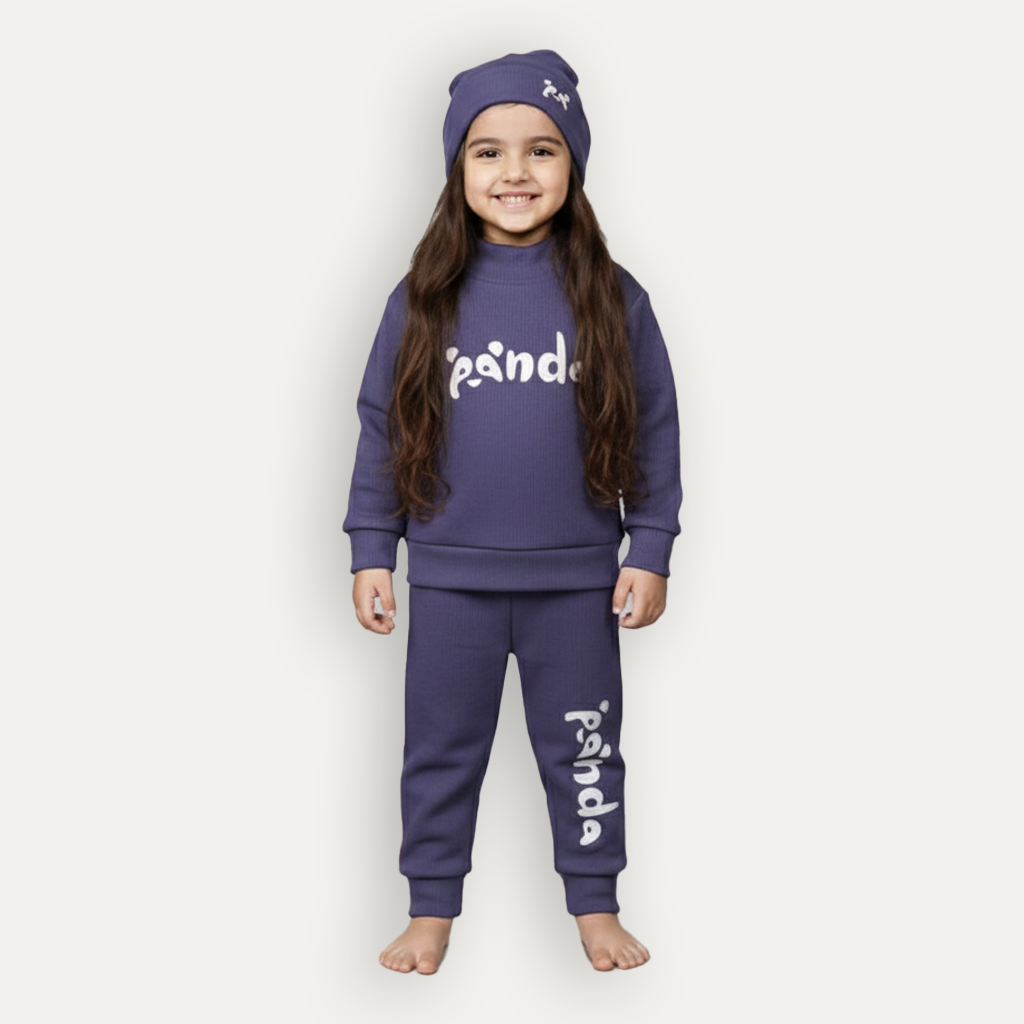 Purple Panda Print Ribbed Fabric Suit For Winters Main image