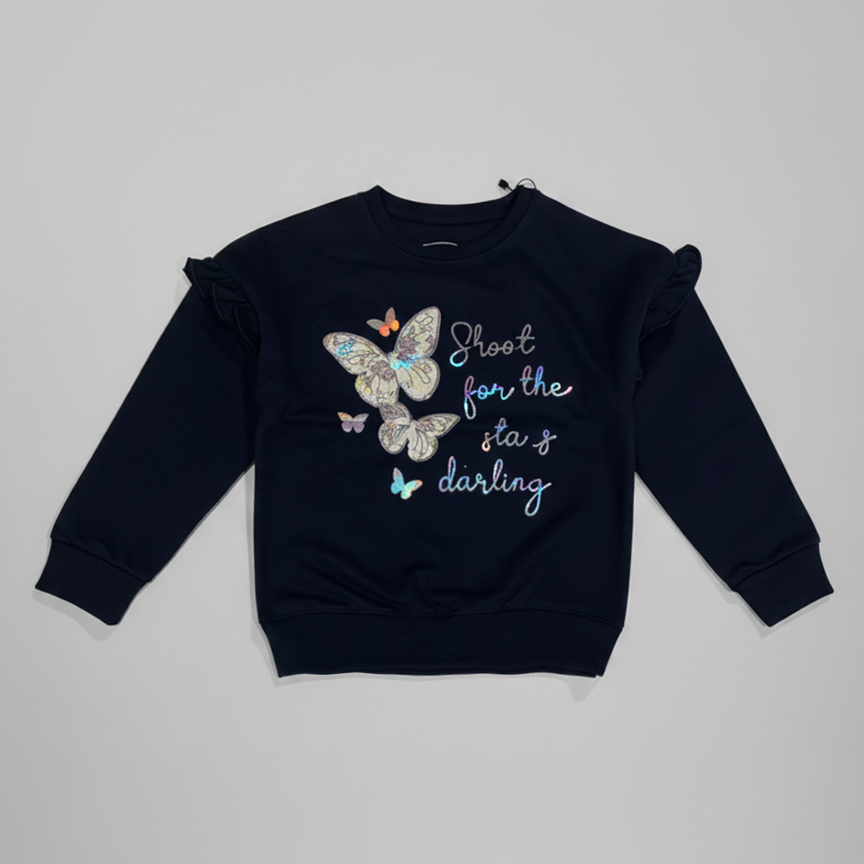 Navy Blue Butterflies Print Fleece Fabric Sweatshirt Secondary image