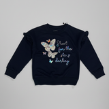 Navy Blue Butterflies Print Fleece Fabric Sweatshirt