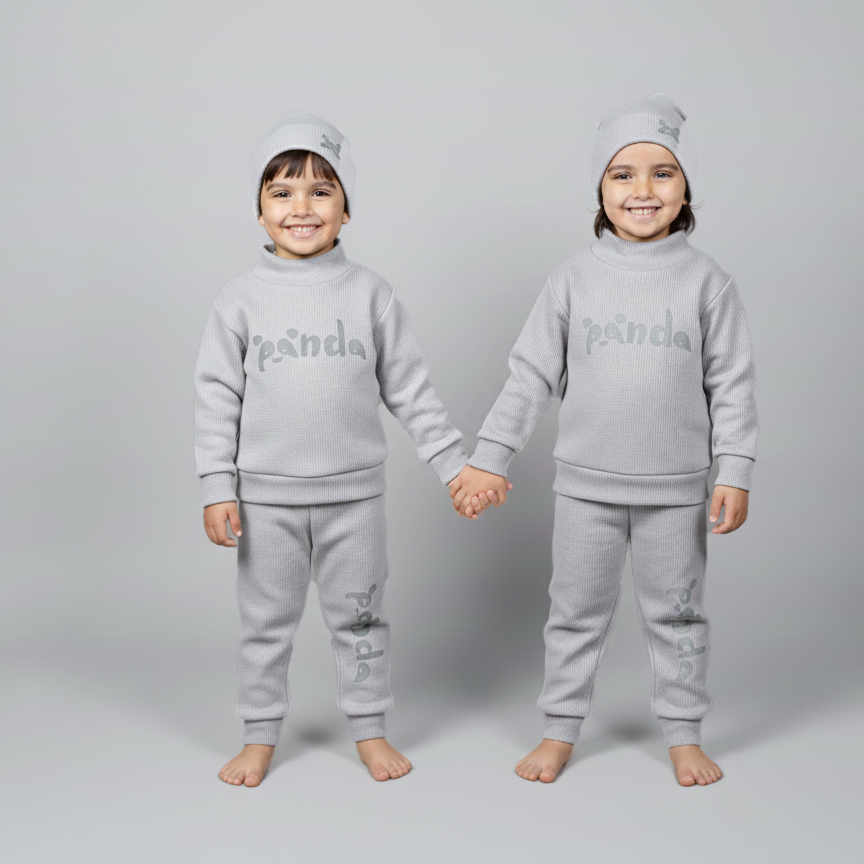 Grey Panda Print Ribbed Fabric Suit For Winters Secondary image
