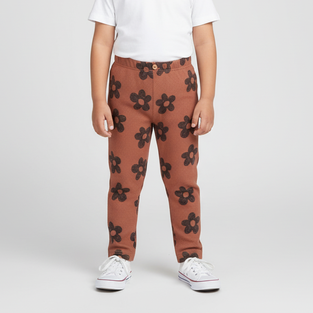 BROWN BLACK FLOWERS PRINTED RIBBED FABRIC PAJAMA FOR GIRLS Main image