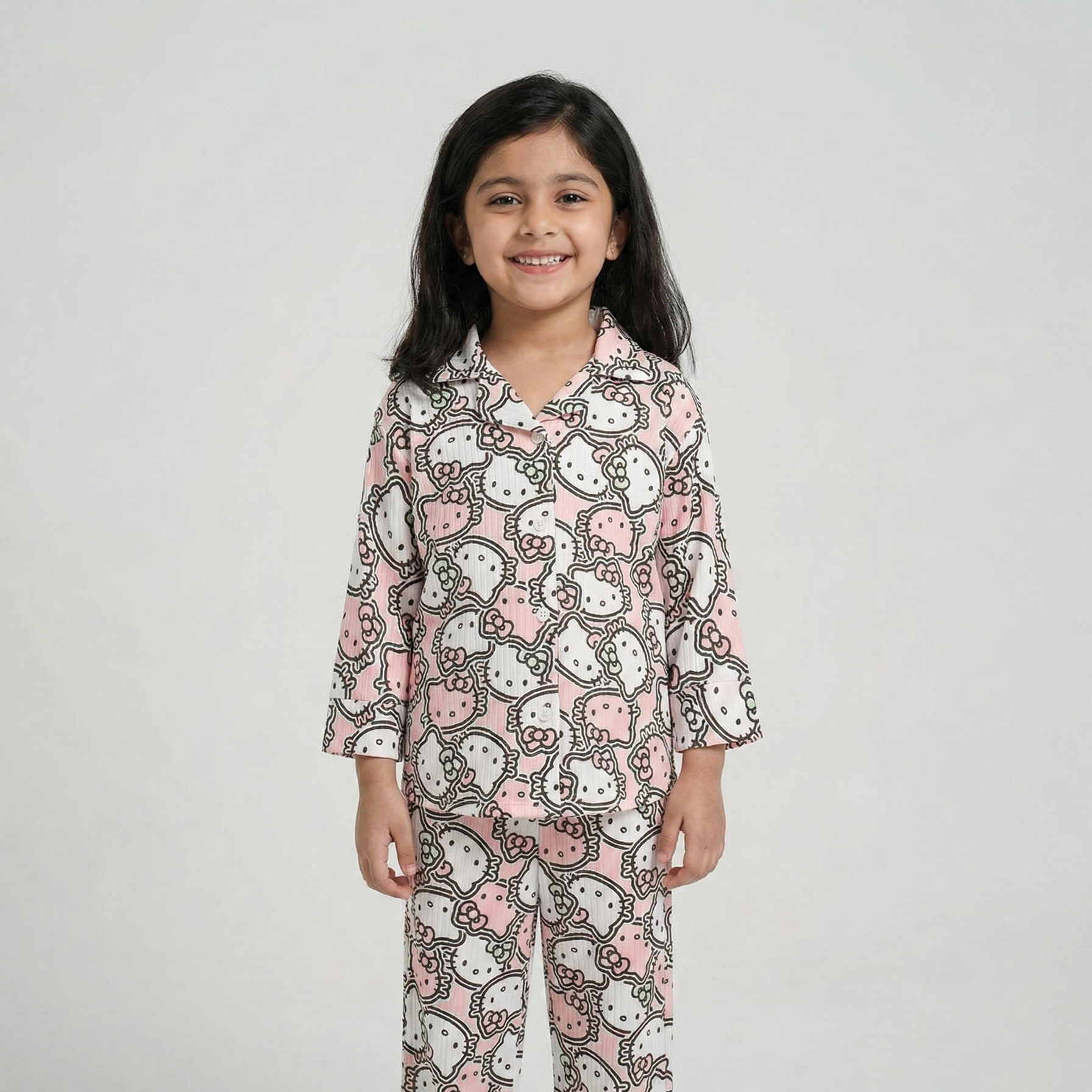 Pink Kitty Shirt With Trouser Suit For Girls Main image