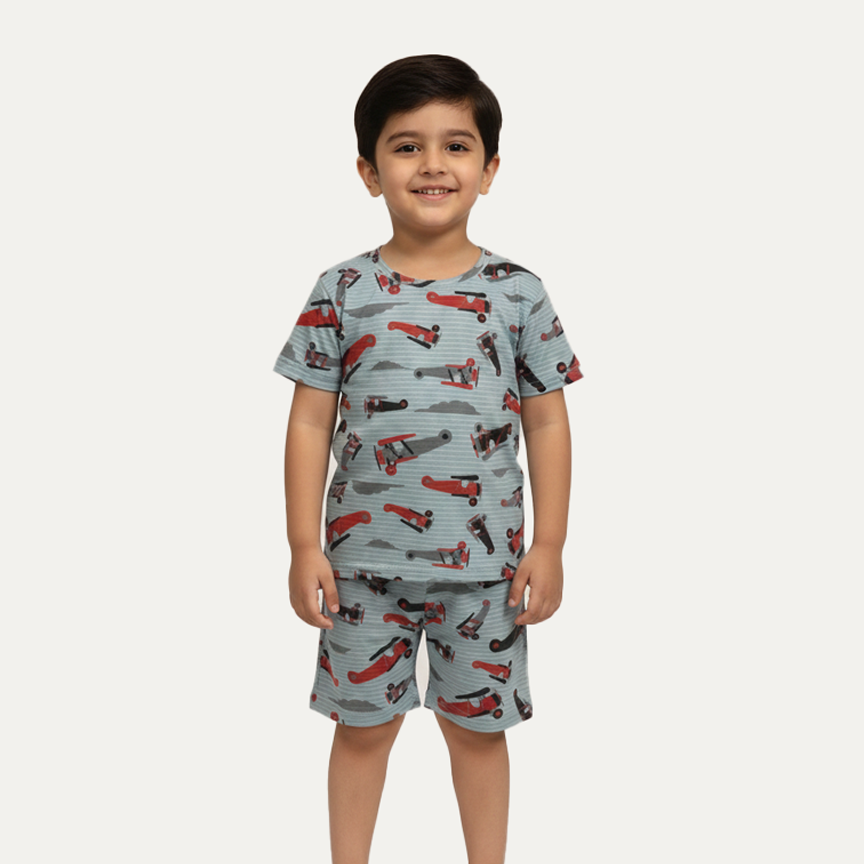 Blue Plane Print Cotton Jersy Suit For Boys Main image