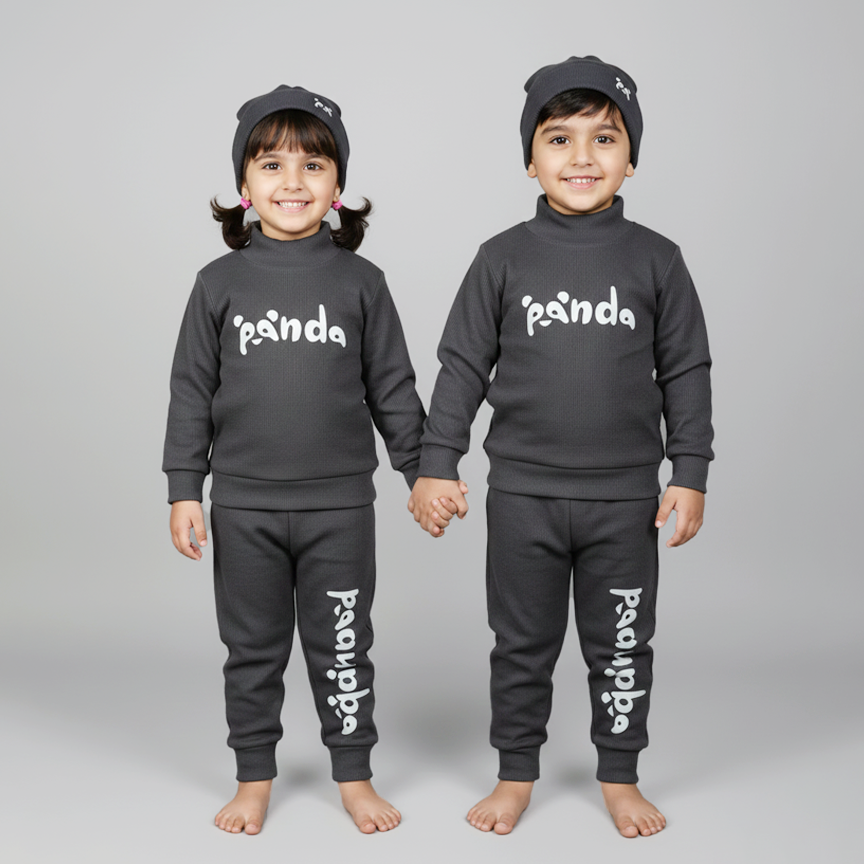 Charcoal Panda Print Ribbed Fabric Suit For Winters Secondary image