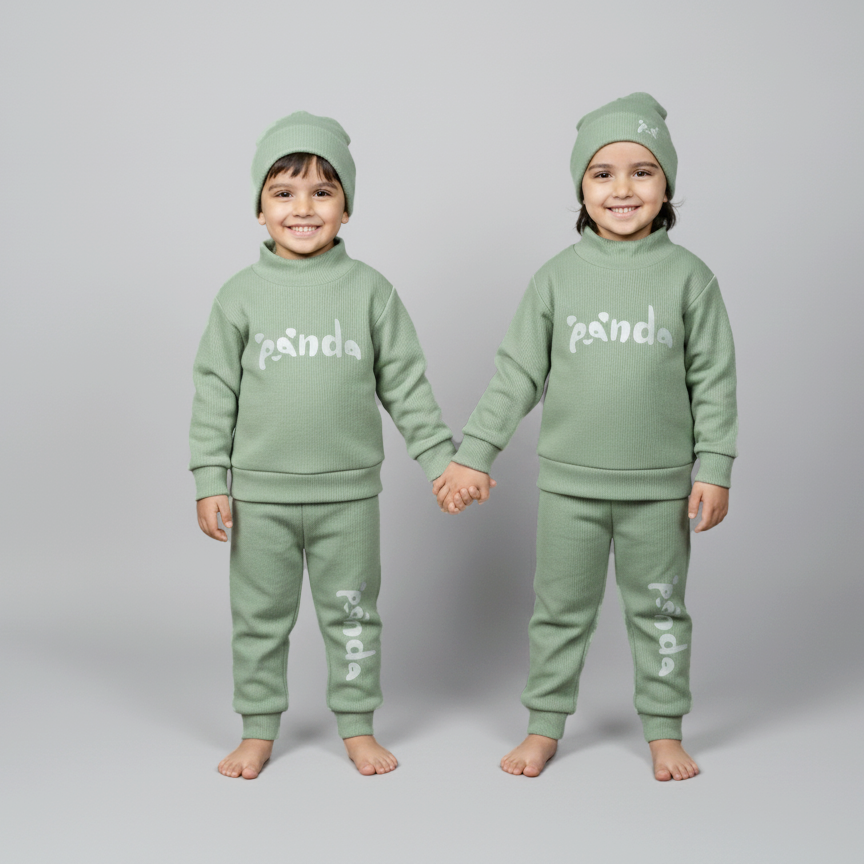Light Green Panda Print Ribbed Fabric Suit For Winters Secondary image