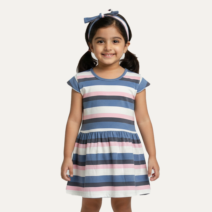 White Blue Pink Stripes Frock With Hair Band For Girls