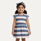 White Blue Pink Stripes Frock With Hair Band For Girls