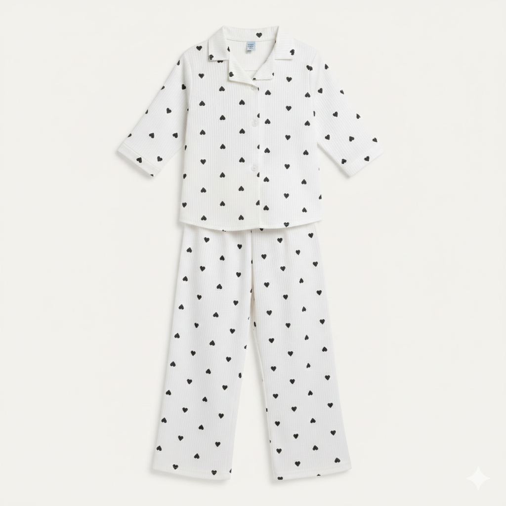 White Hearts Print Co-ord Ribbed Fabric Suit For Girls