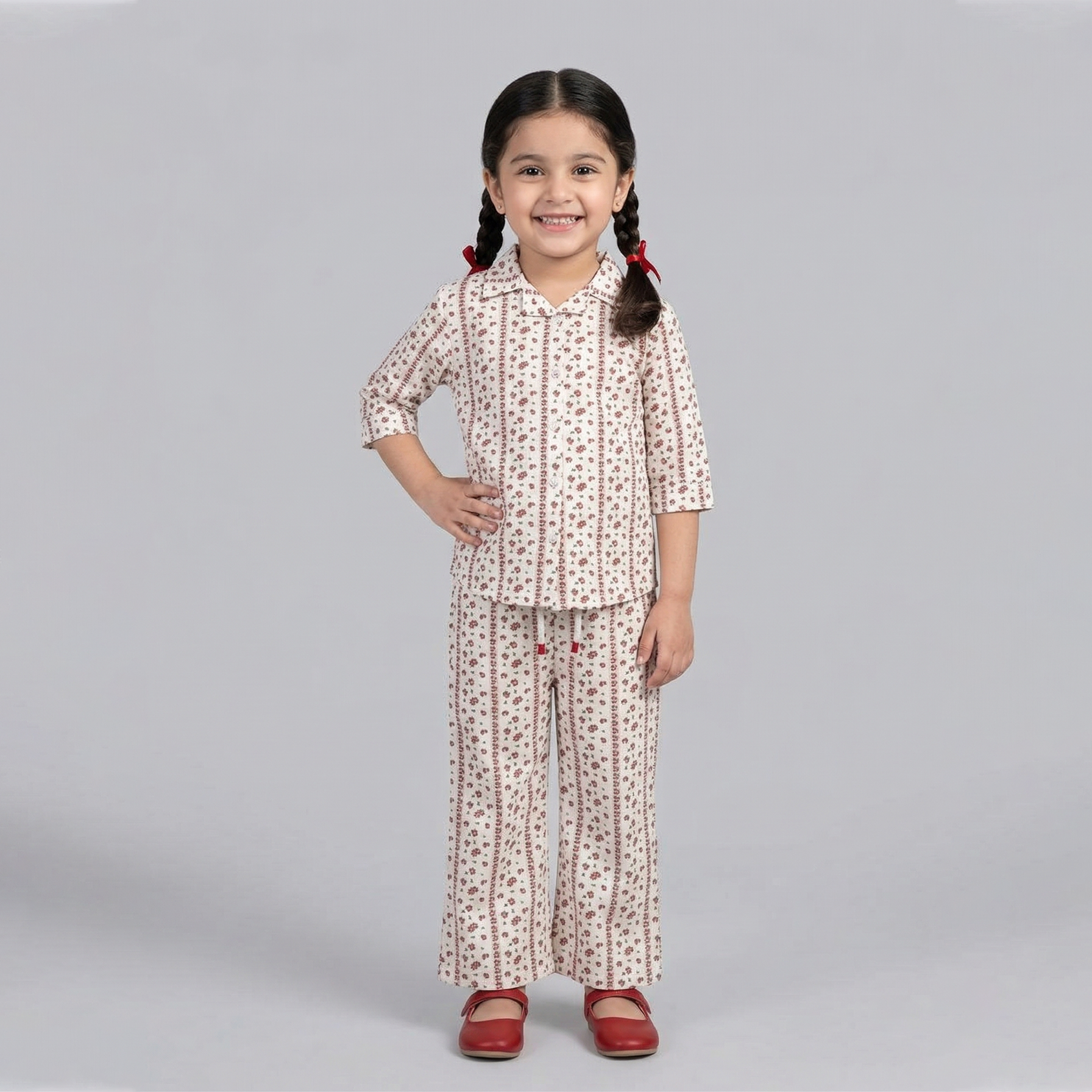 Cream Flower Print Co-ord Linen Fabric Suit For Girls