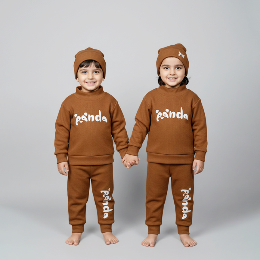 Light Brown Panda Print Ribbed Fabric Suit For Winters