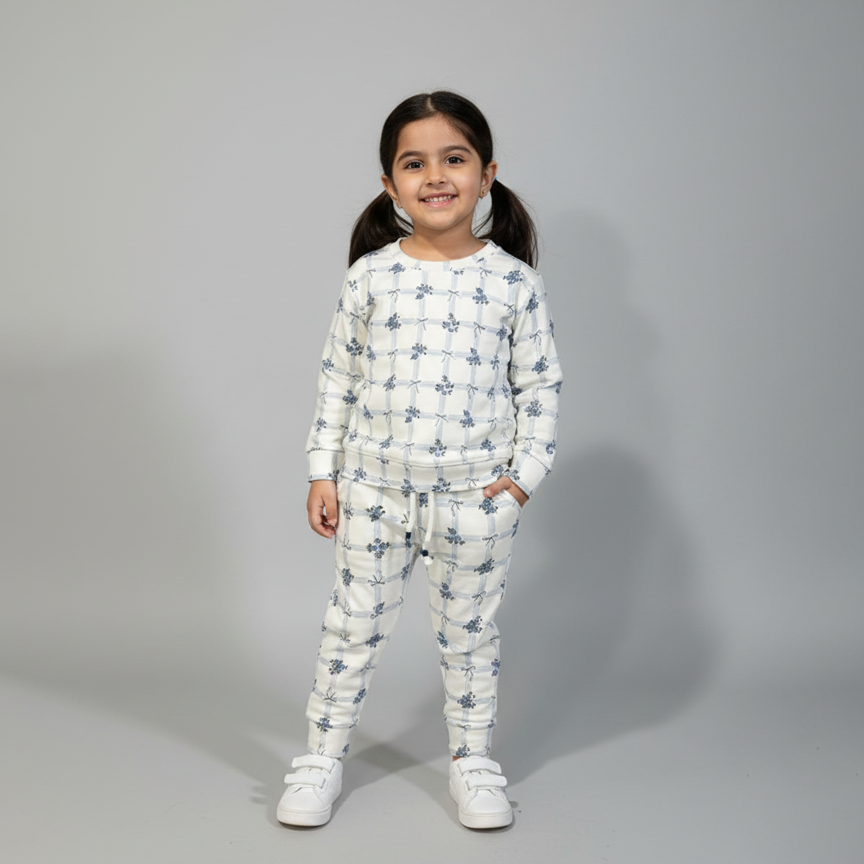 White Bow & Flowers Jersy Fabric Suit For Winters Main image