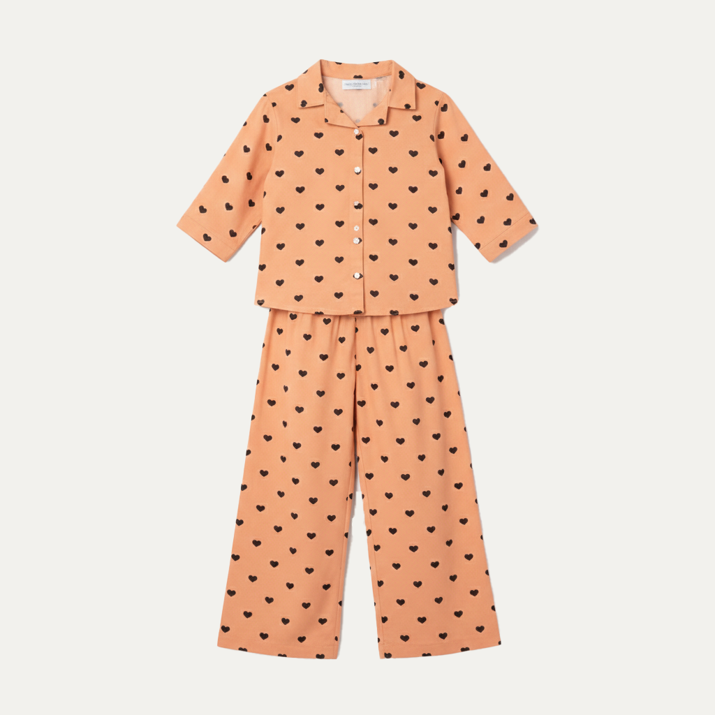 Orange Hearts Print Co-ord Ribbed Fabric Suit For Girls Secondary image
