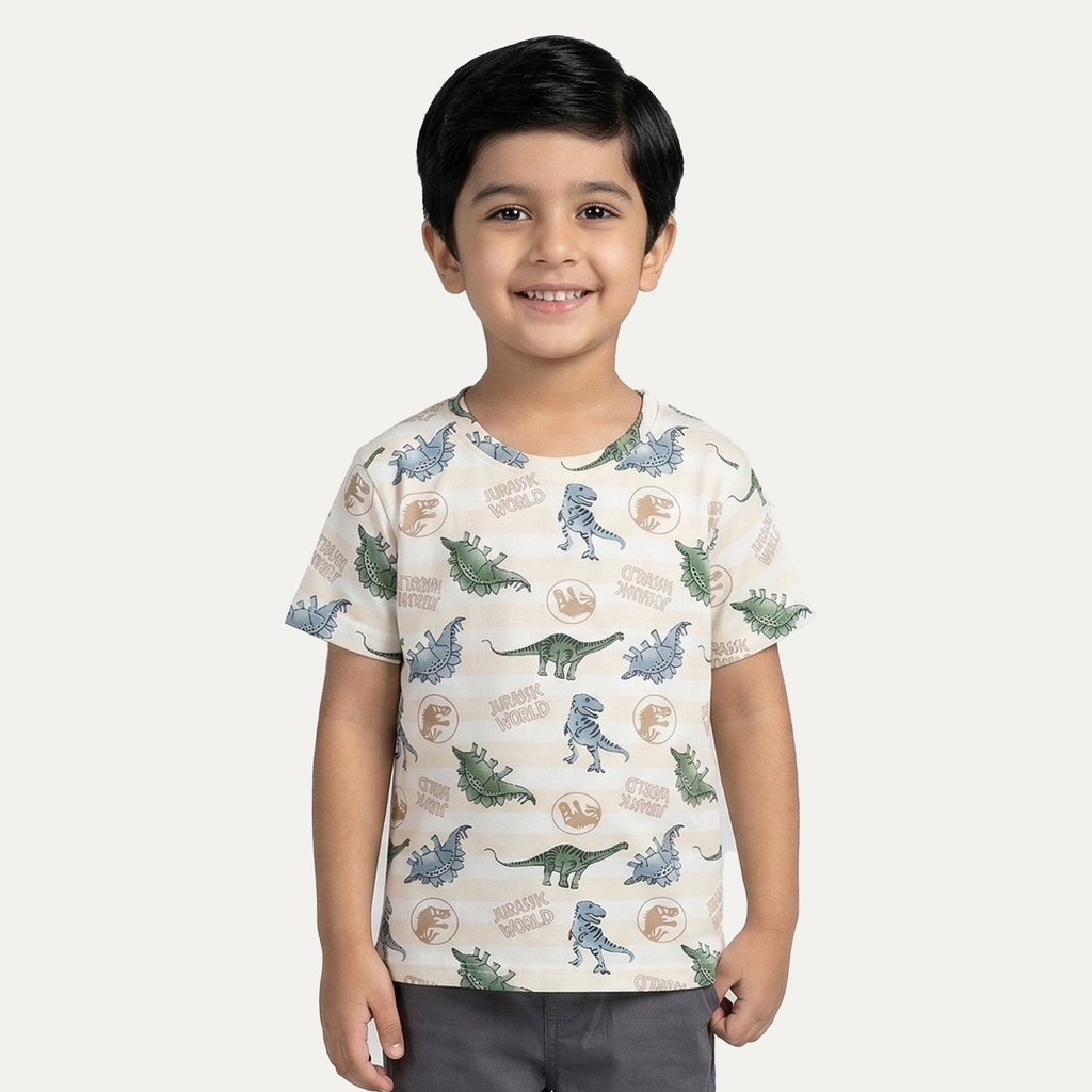 Cream Jurassic World Print Half Sleeves T-Shirt For Boys
