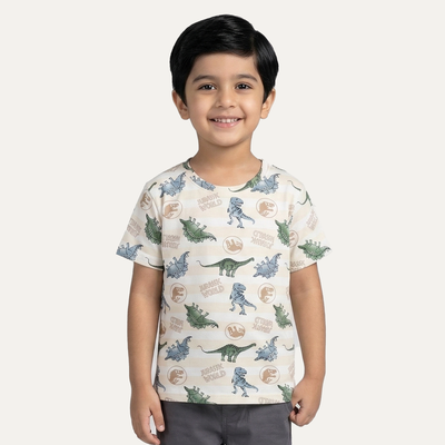 Cream Jurassic World Print Half Sleeves T-Shirt For Boys