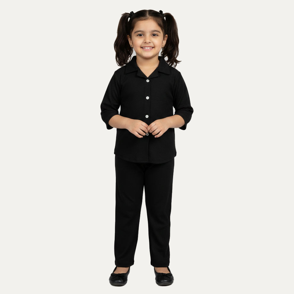 Black Plain Ribbed Linen Fabric Suit For Girls