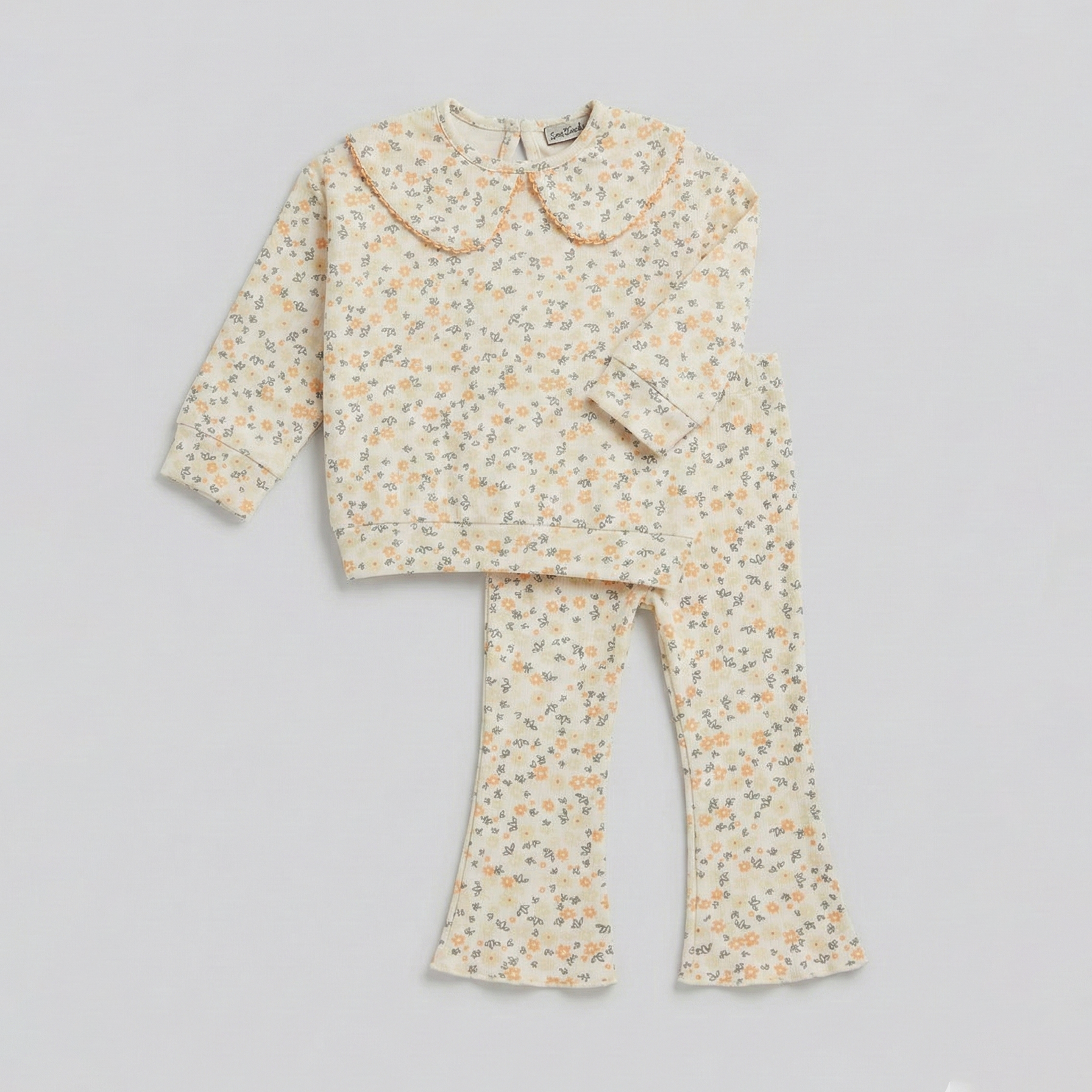 Cream Flower Print Shirt With Trouser Suit For Girls Secondary image
