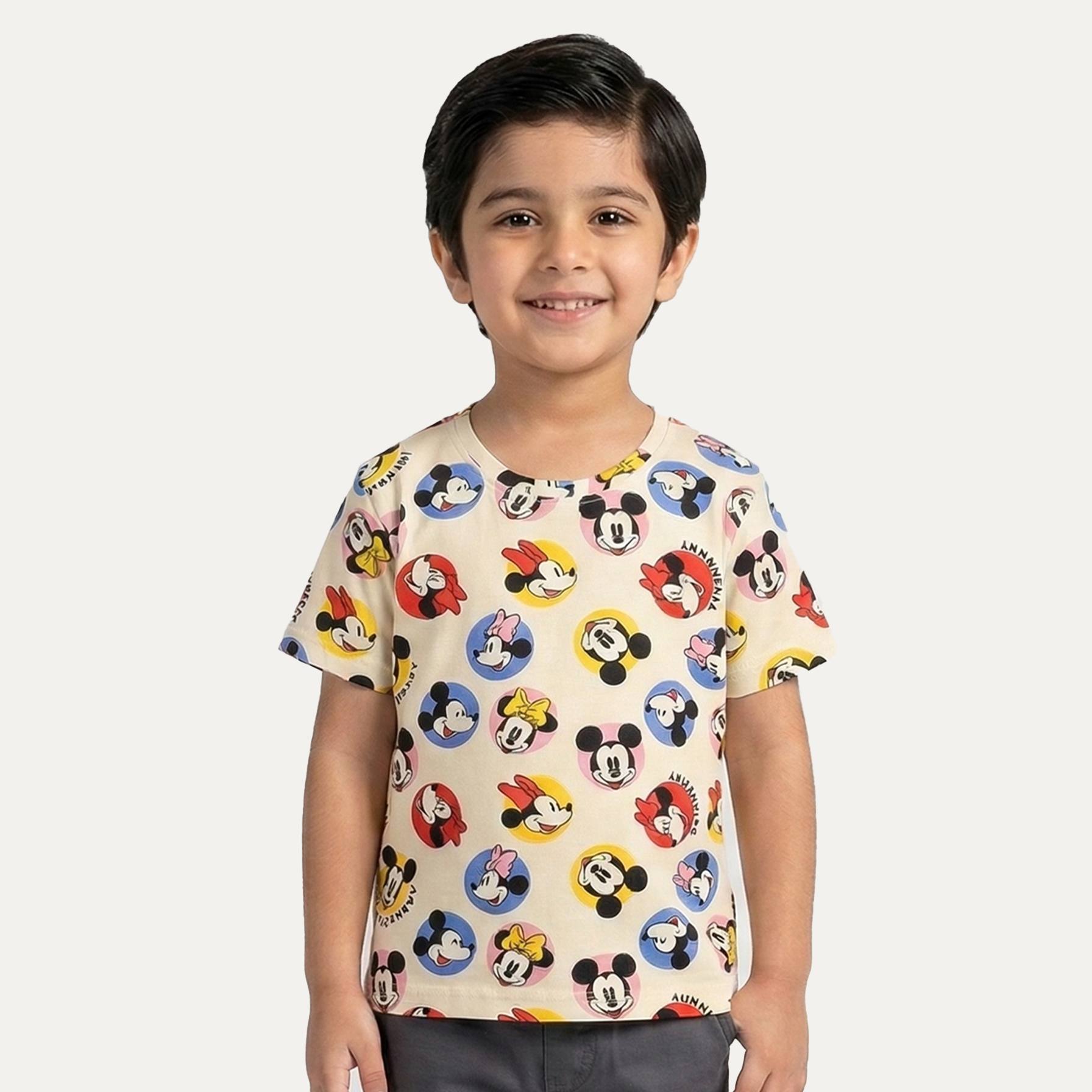 Cream Mickey & Minnie Print Half Sleeves T-Shirt For Boys Main image