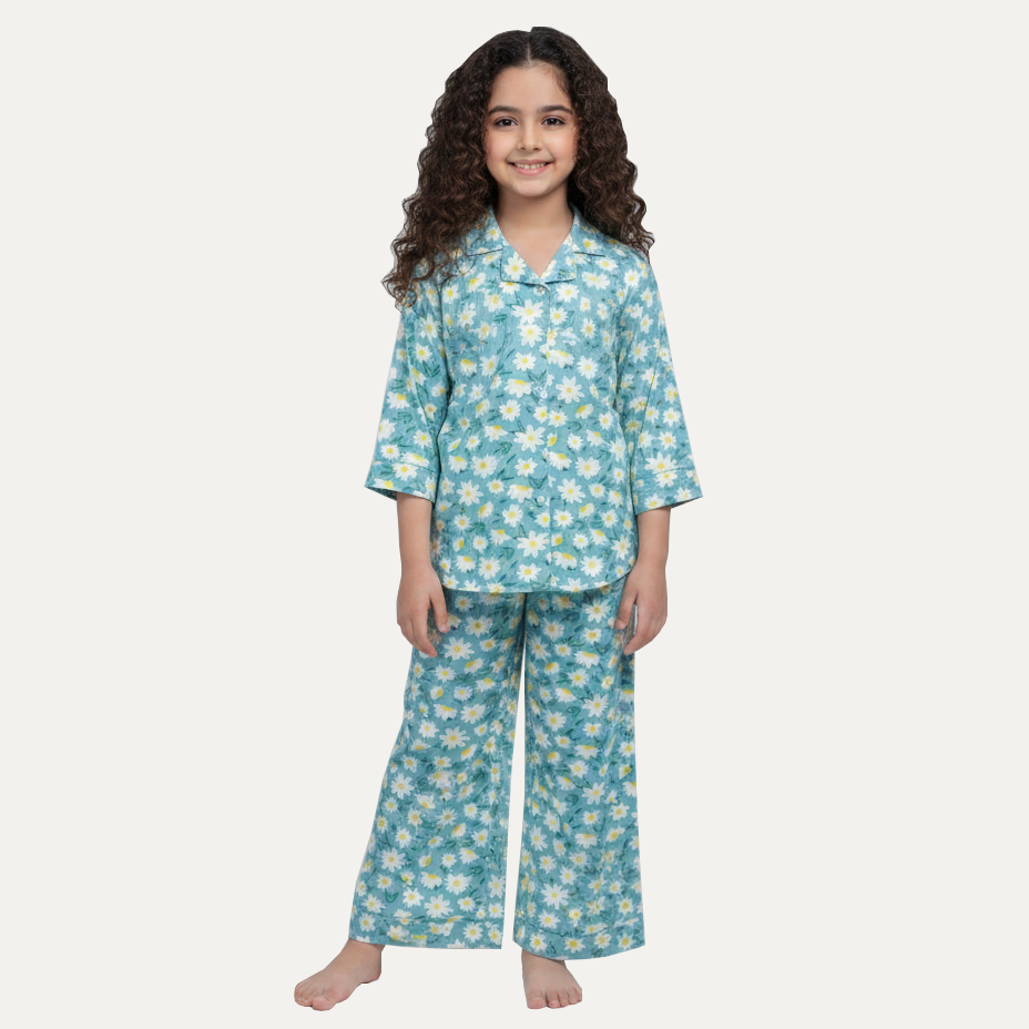 Sky Blue Flowers Print Co-ord Ribbed Fabric Suit For Girls Main image