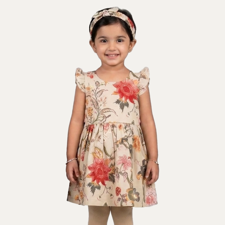 Cream Flowers Print With Hair Band Frock For Girls