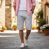 WHITE WITH GREY BIG STRIPES 3 QUARTER SHORTS FOR MENS