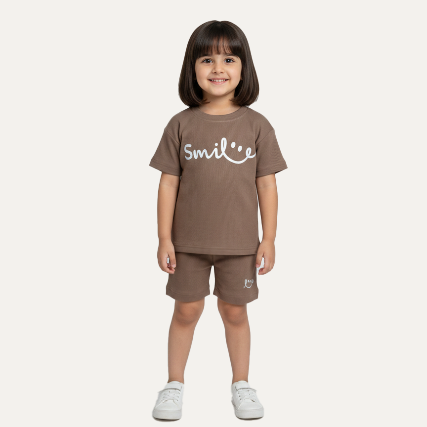 Brown Smile Print Ribbed Linen Fabric Suit For Summers