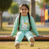 SEA GREEN RABBIT SMILE PRINT TERRRY FABRIC SUIT FOR WINTERS