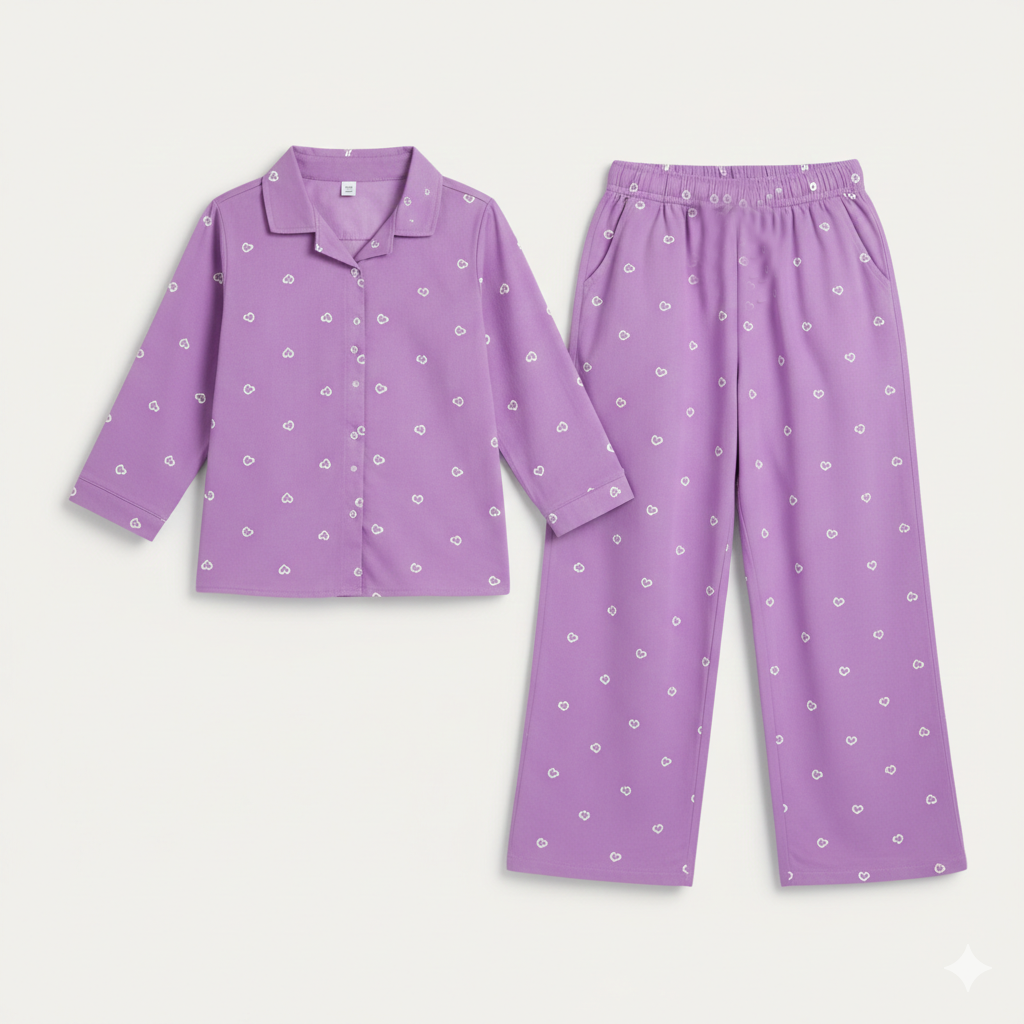 Purple Heart Print Co-ord Ribbed Fabric Suit For Girls
