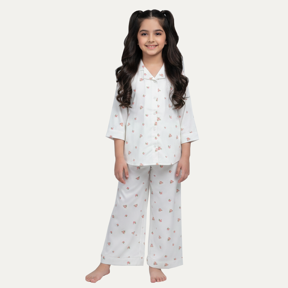 White Flowers Print Co-ord Ribbed Fabric Suit For Girls Main image