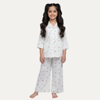 White Flowers Print Co-ord Ribbed Fabric Suit For Girls