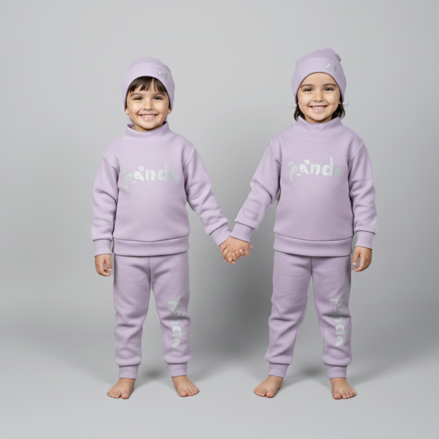 Light Purple Panda Print Ribbed Fabric Suit For Winters Secondary image
