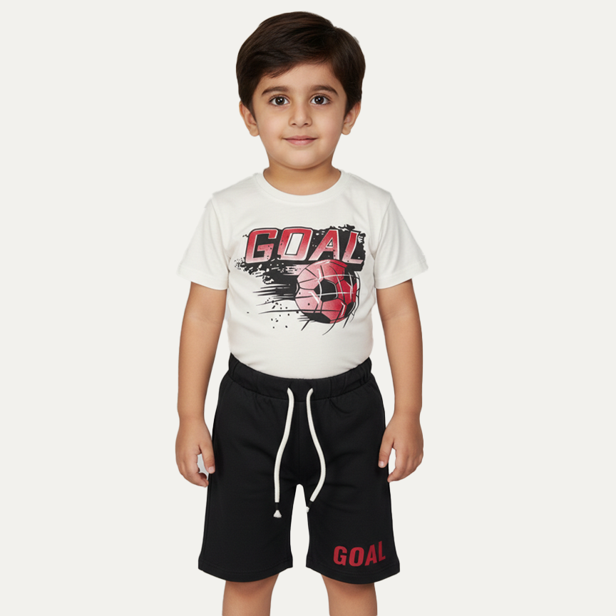 White "Red Goal" Print Cotton Jersy Suit For Boys