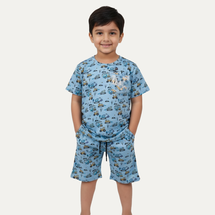 Blue Escavators Print Cotton Jersy Suit For Boys