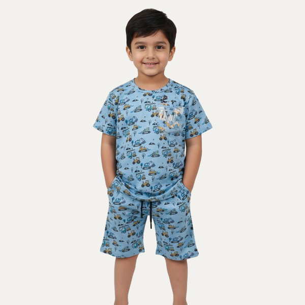 Blue Escavators Print Cotton Jersy Suit For Boys