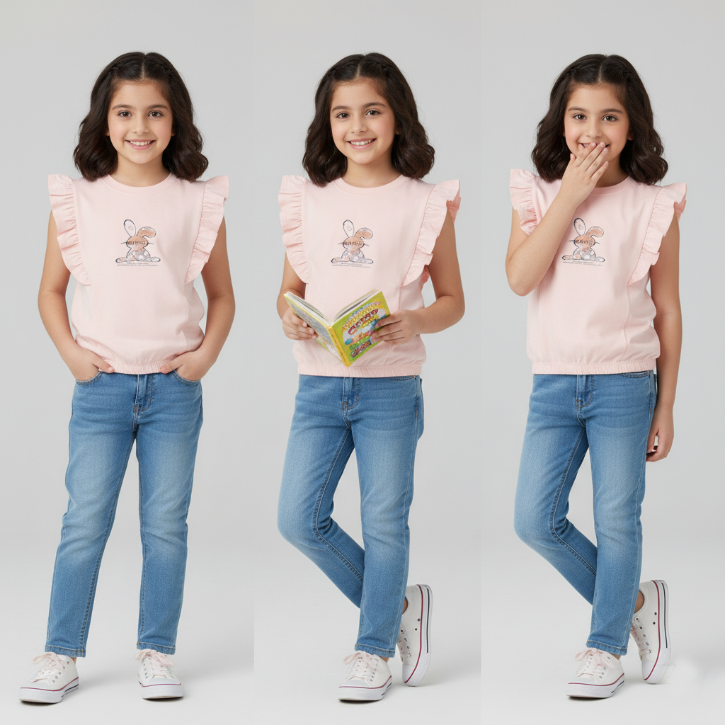 BABY PINK "RABBIT" PRINT T-SHIRT TOP FOR GIRLS Main image