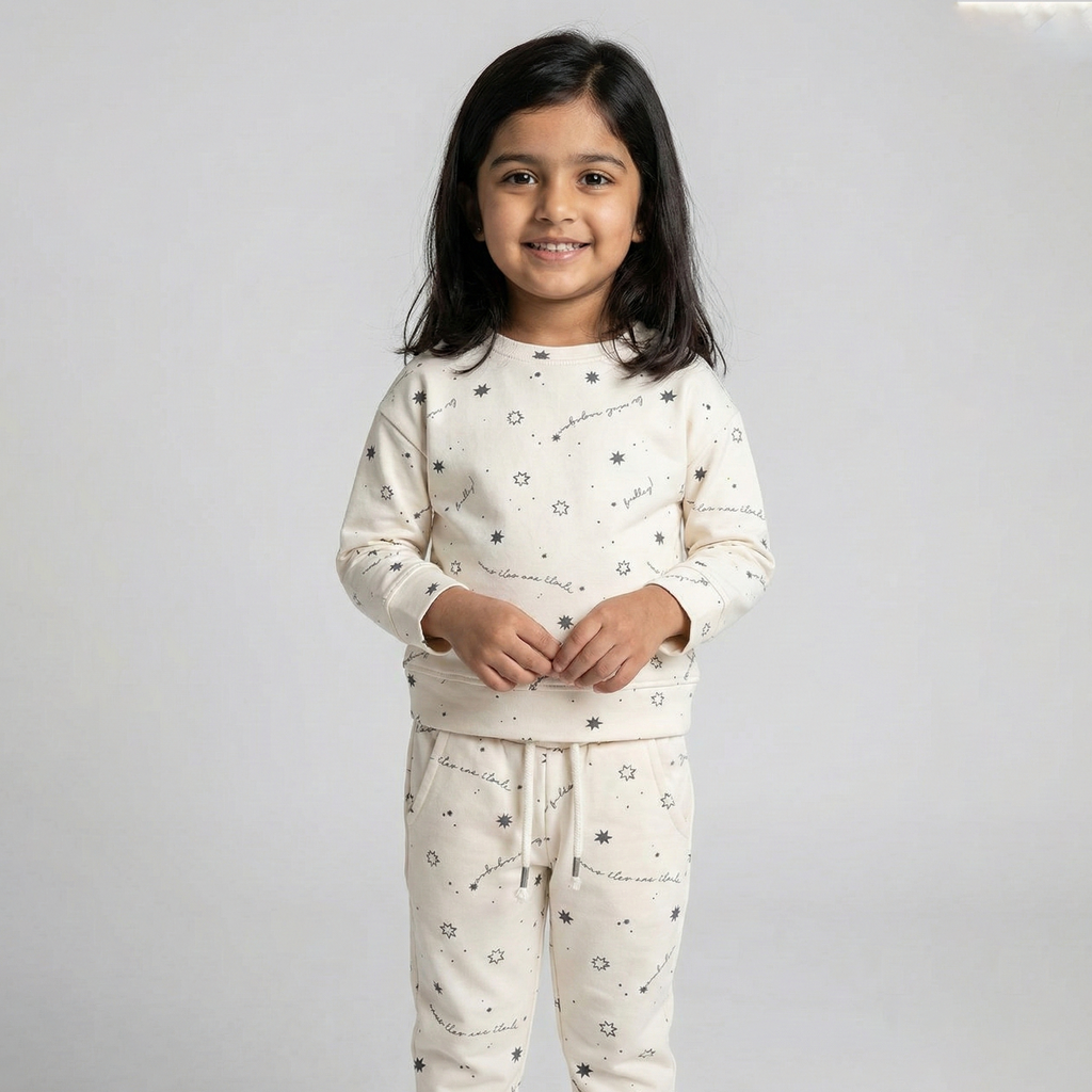 Cream Stars Print Jersy Fabric Suit For Winters