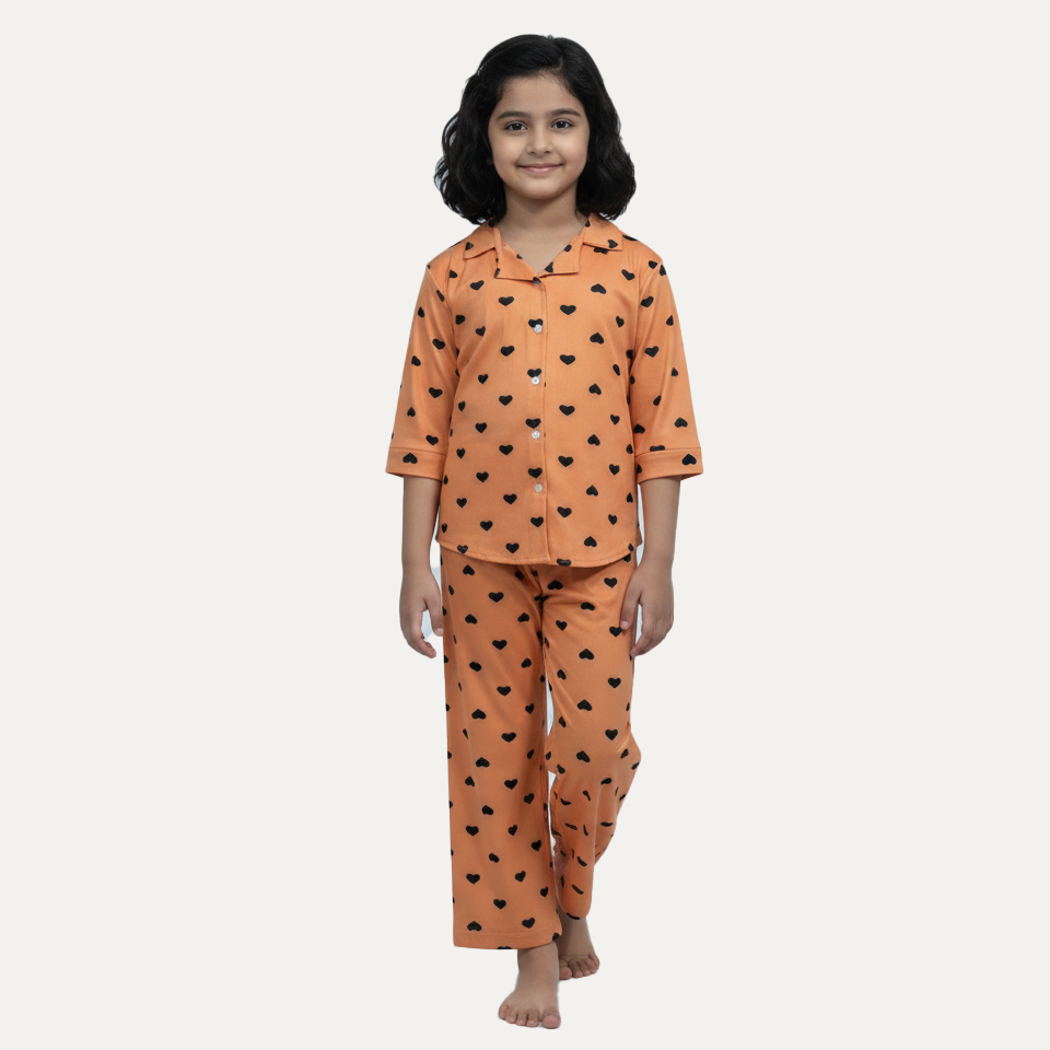 Orange Hearts Print Co-ord Ribbed Fabric Suit For Girls