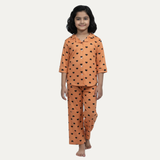 Orange Hearts Print Co-ord Ribbed Fabric Suit For Girls