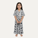 White With Black Flowers Print Co-ord Linen Fabric Suit For Girls