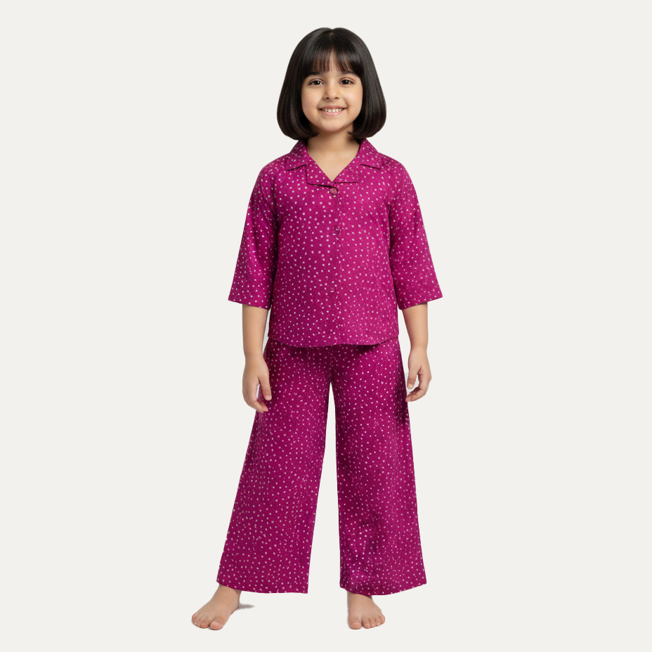 Purple Dots Print Co-ord Ribbed Fabric Suit For Girls Main image