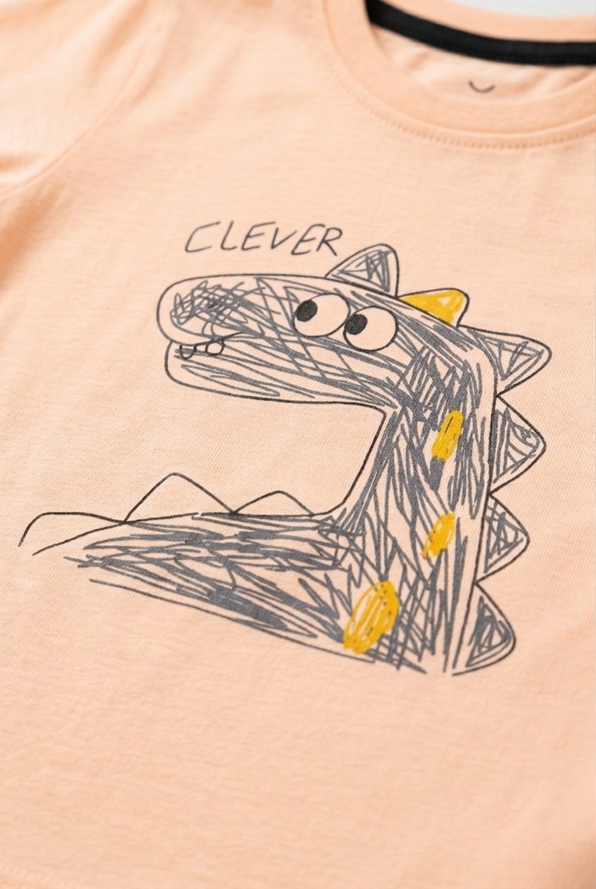 Peach Clever Dino Print T-Shirt For Boys