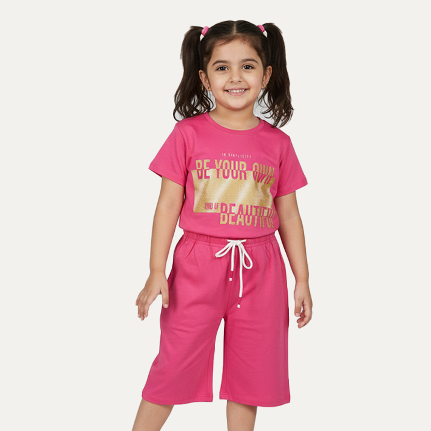 Pink Be Your Own Print Cotton Jersy Fabric Suit For Girls Main image