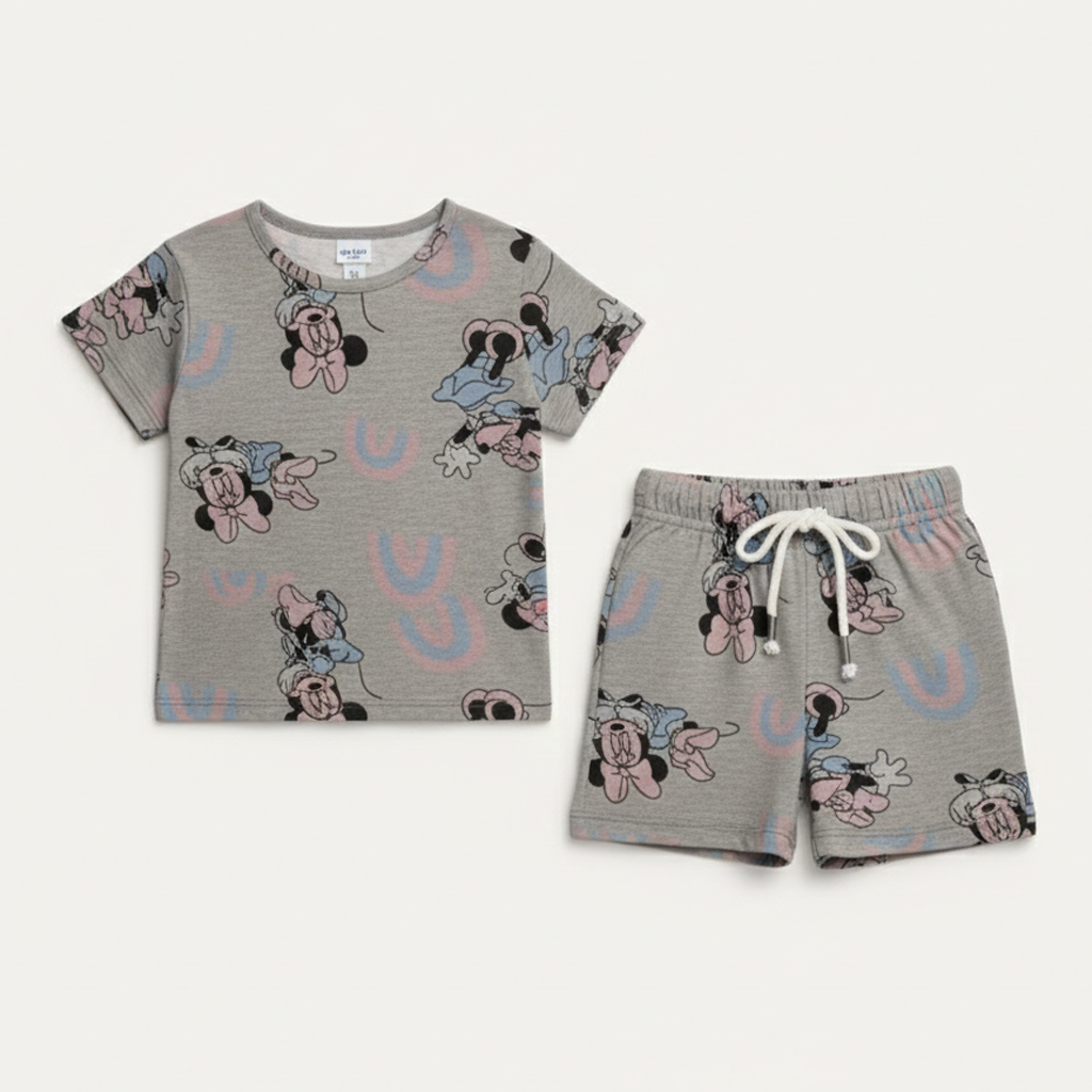 Grey Minnie Mouse Print Cotton Jersy Fabric Suit For Girls Secondary image